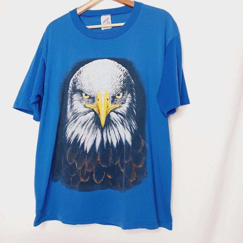 Vintage Bald Eagle Face Men XL T Shirt Jerzees USA Made Bird of Prey Nature Blue